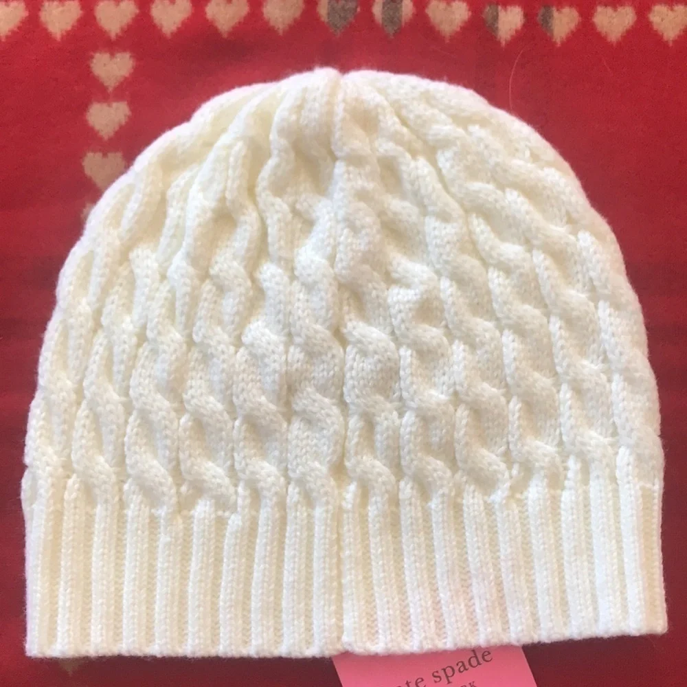 Brand New Kate Spade Cable Beanie Hat & Gloves Set Cream